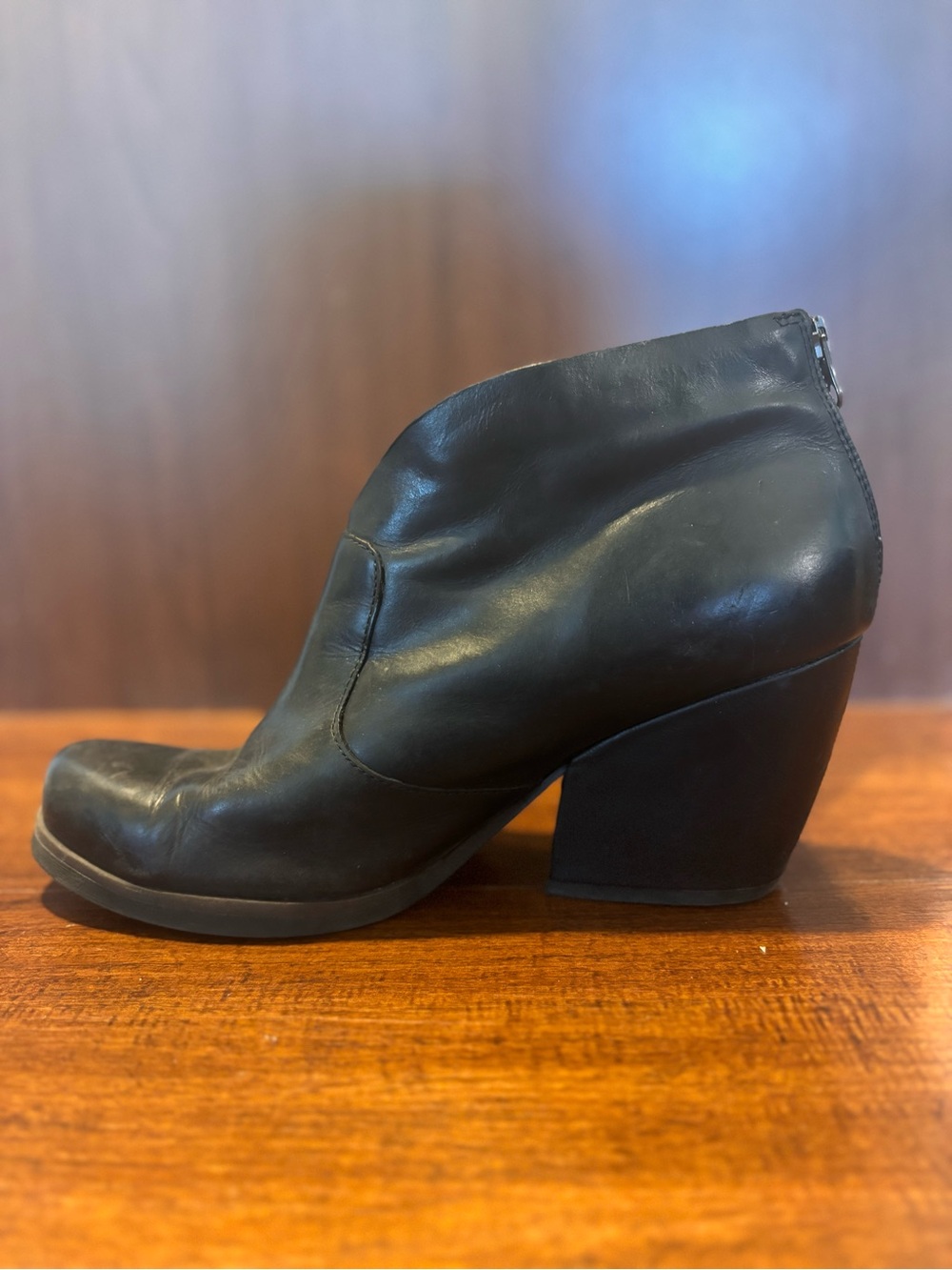 Kork-Ease Black Rear-Zip Block Heel Ankle Boots